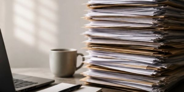 Large stack of paperwork beside a laptop and coffee cup.