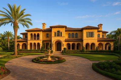Elegant Mediterranean-style mansion with palm trees and circular driveway.