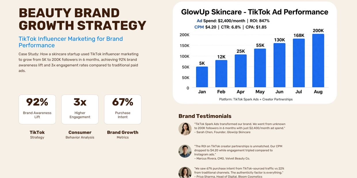 Beauty brand grows from 5K to 200K followers using TikTok influencer marketing in 6 months.