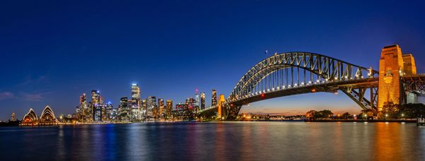 Sydney skyline with Harbour Bridge and Opera House at dusk.