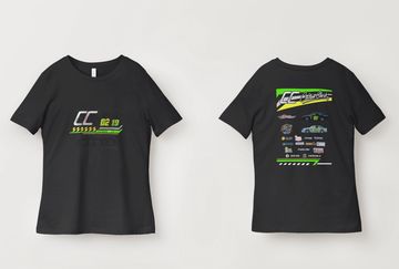 Front and back of a black racing-themed t-shirt with neon green accents.