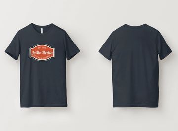 Black t-shirt with a Yo Mo Media logo on the front.