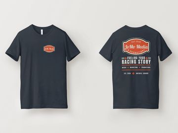 Black graphic T-shirt with DeMo Media logos on front and back.