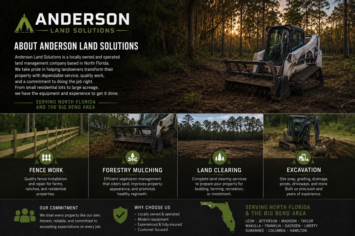 Anderson Land Solutions offers expert land management services in North Florida with quality equipment and commitment.