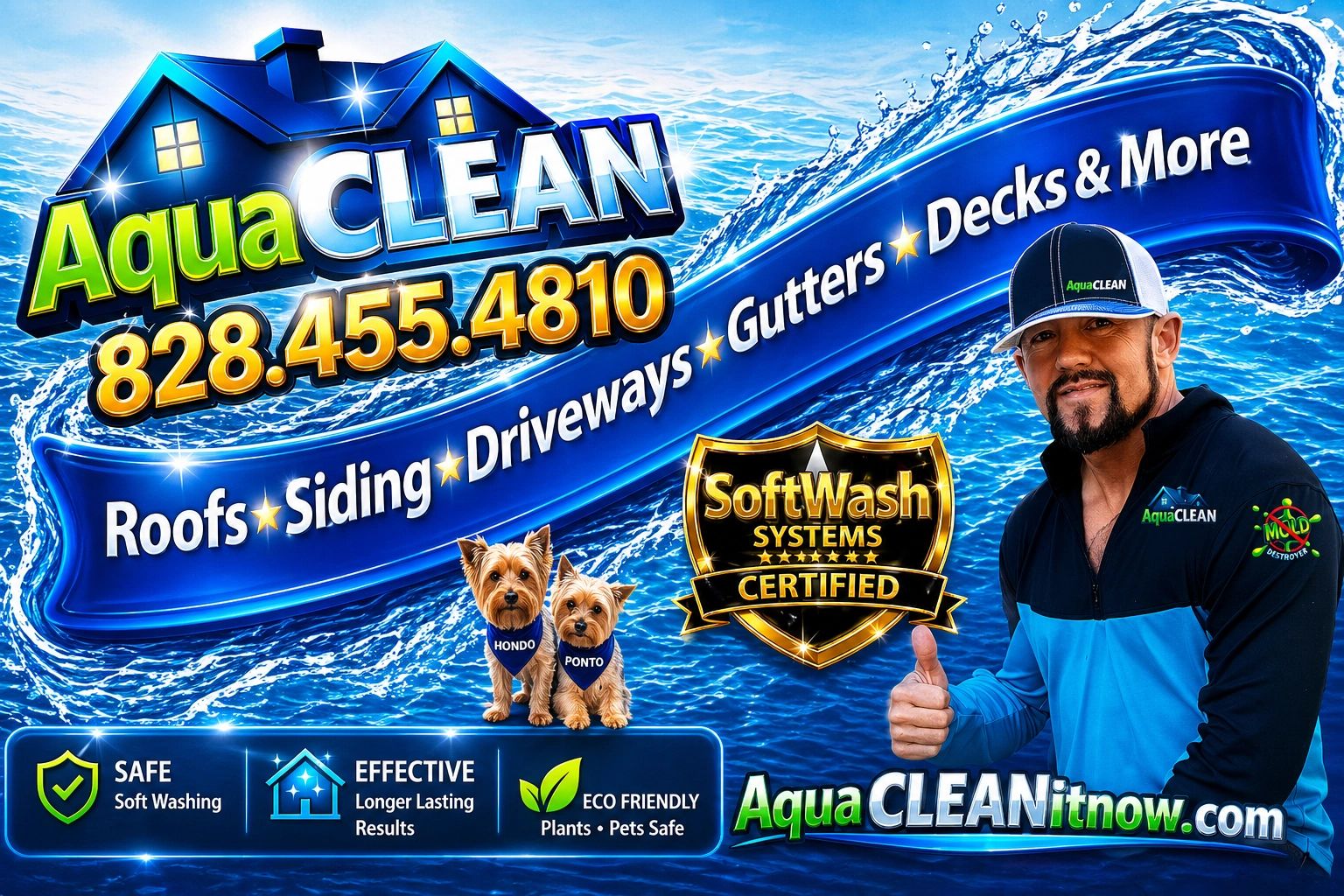 Aqua Clean pressure washing ad with contact info and man giving thumbs up.