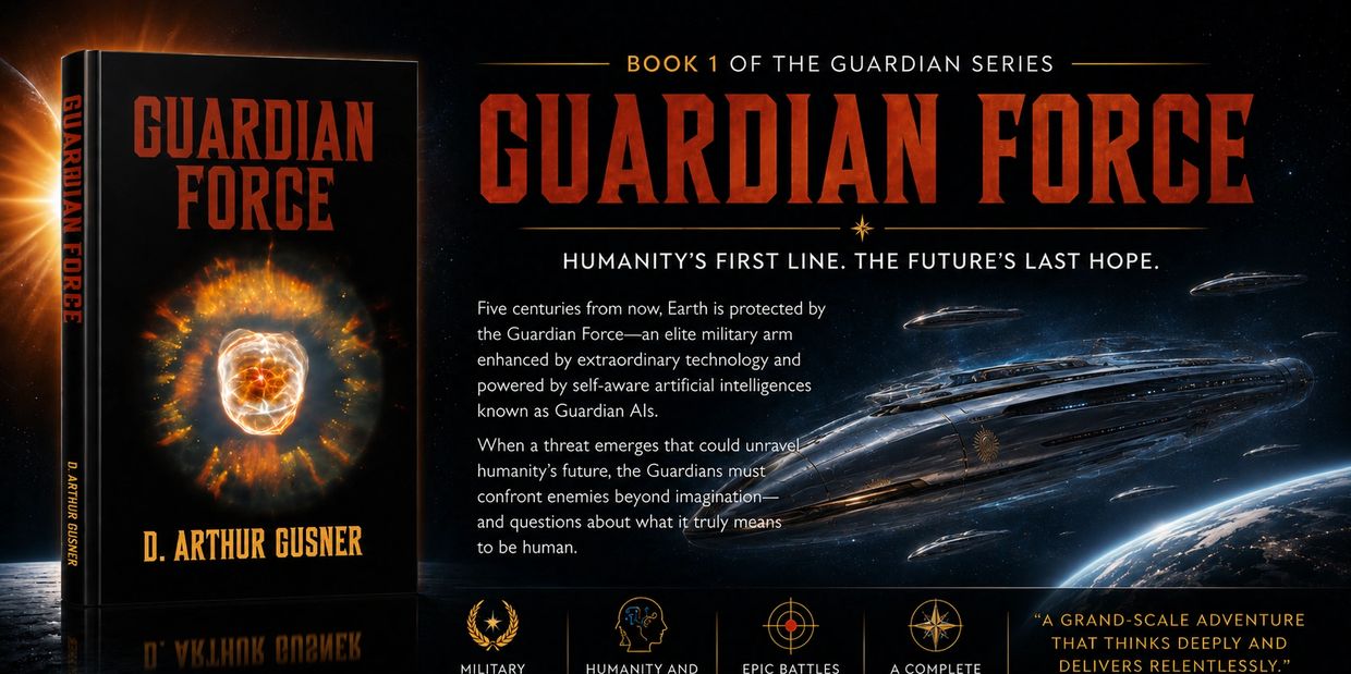 Book cover for Guardian Force by D. Arthur Gusner showing a spaceship and Earth.