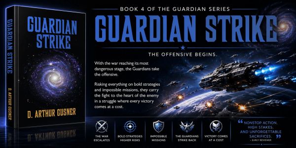 Book cover of 'Guardian Strike' with spaceship and galaxy.