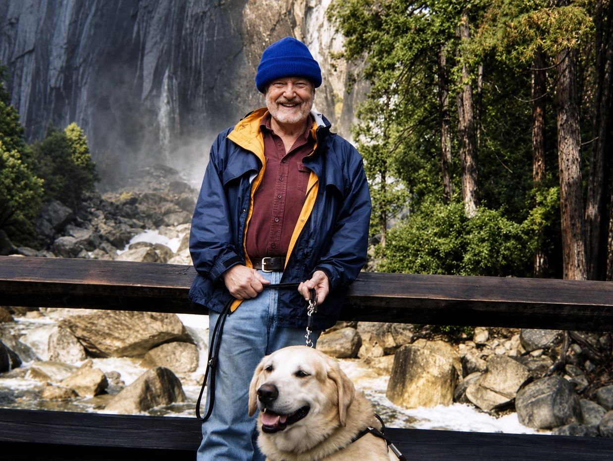 Author D. Arthur Gusner with his guide dog, Limo.