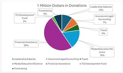Pie chart showing allocation of 1 million dollars in donations across various categories.