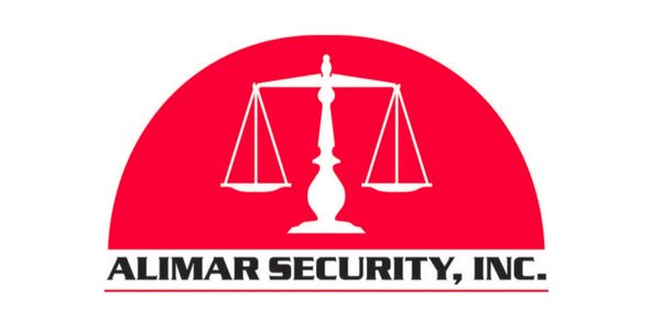 Logo of Alimar Security, Inc. featuring balanced scales and red semi-circle.