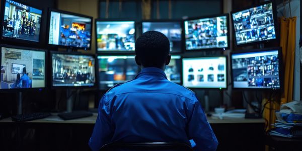 A security officer monitors multiple surveillance screens in a dimly lit control room.