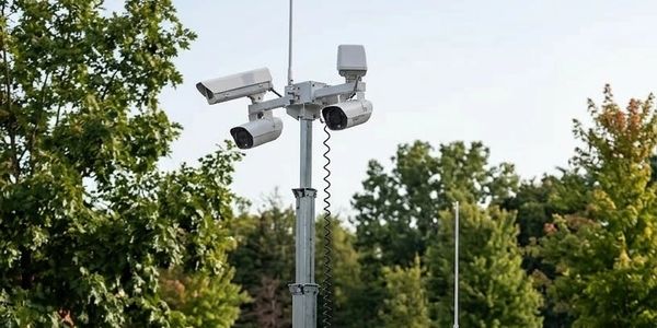Mobile surveillance unit with solar panels and cameras in a parking lot.