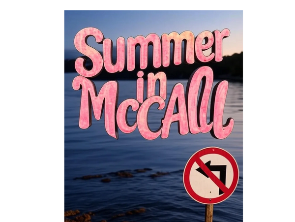 A lake scene with 'Summer in McCall' text and a no left turn sign by the water.