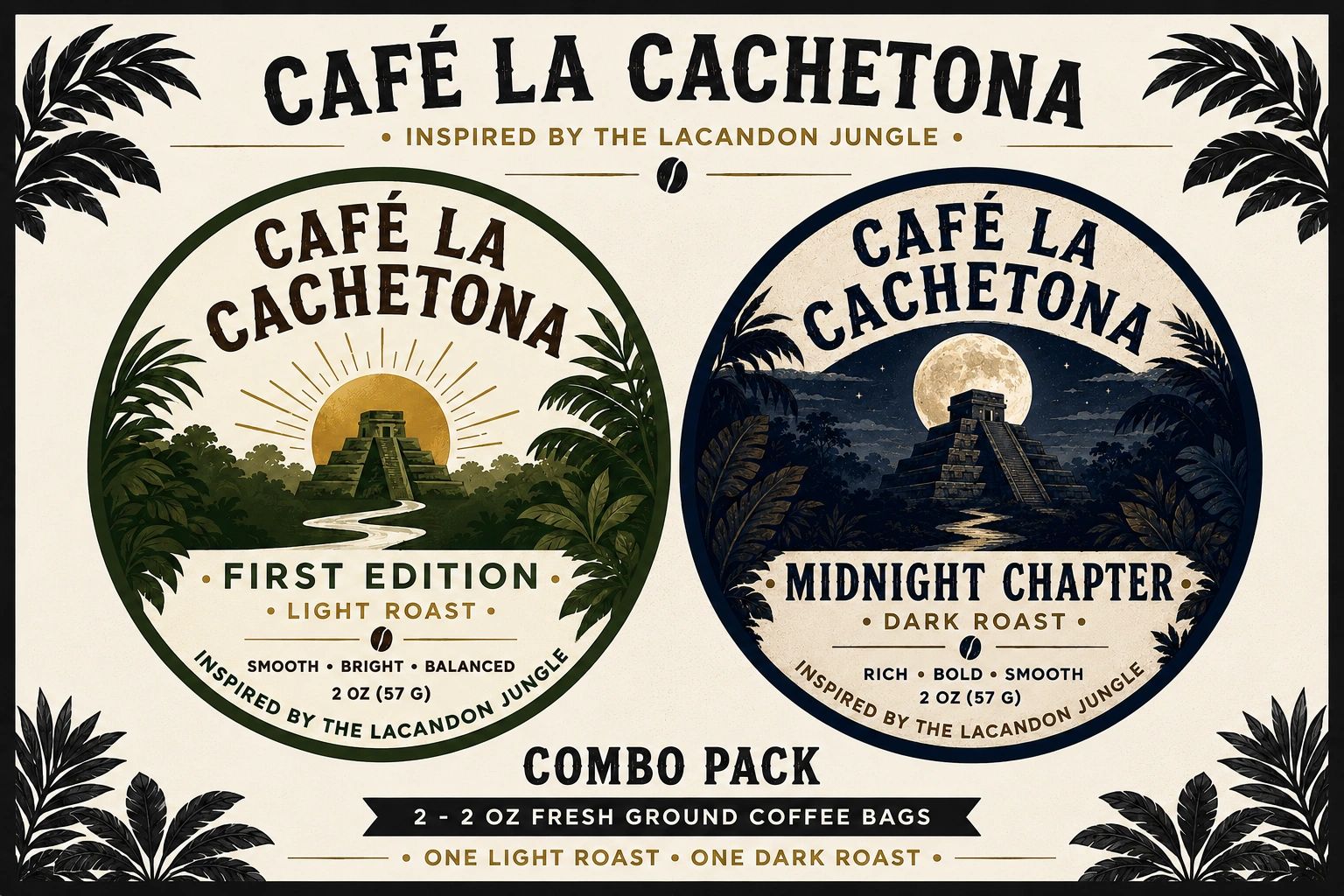 Two coffee labels for Café La Cachetona inspired by the Lacandon Jungle.