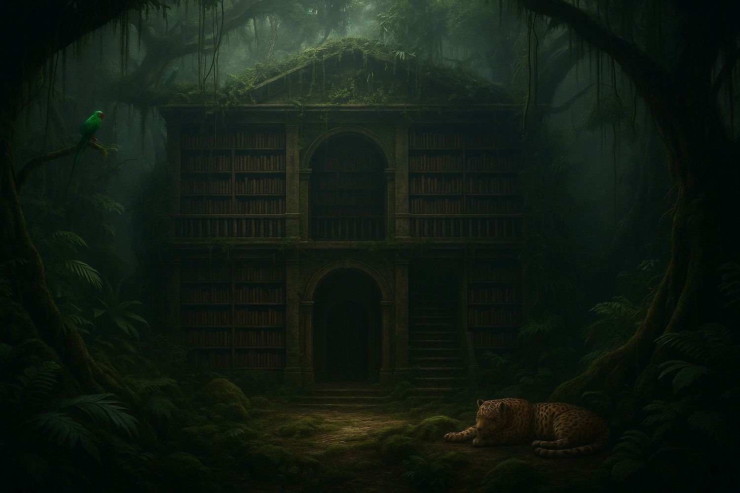 Ancient jungle library veiled in mist, guarded by a quetzal and a sleeping jaguar.