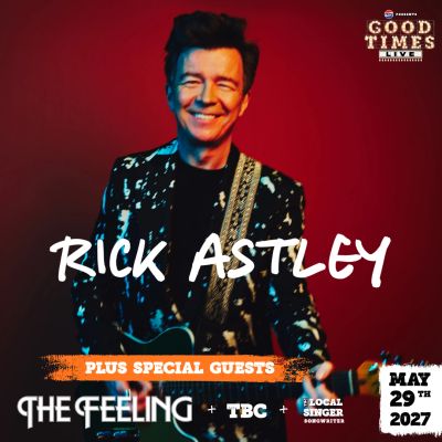 Rick Astley promotional image for a 2027 concert.