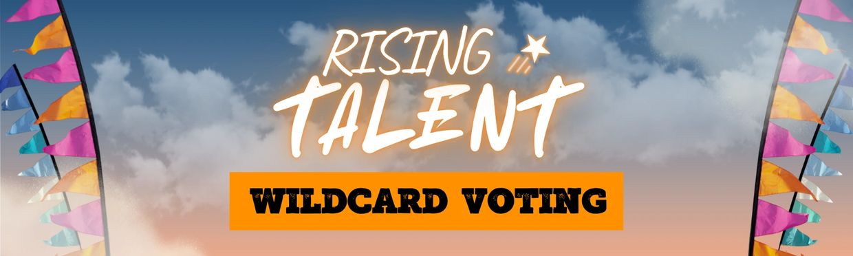 Colorful flags frame a sky background with 'Rising Talent Wildcard Voting' text.