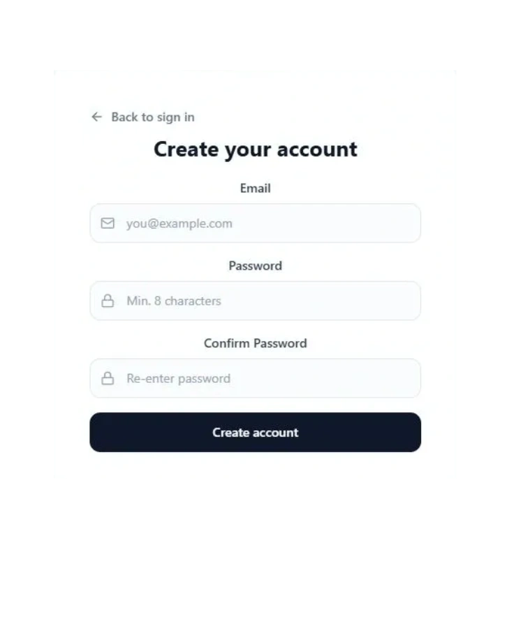 Sign-up form with email and password fields for account creation.