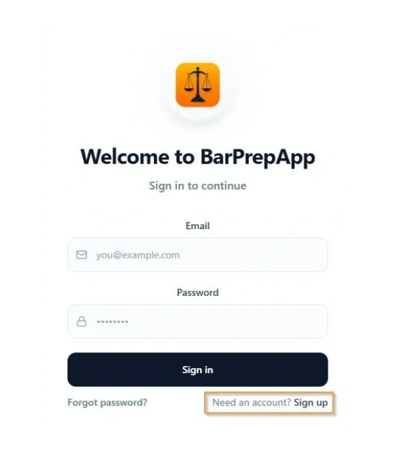 Login screen for BarPrepApp with email and password fields.