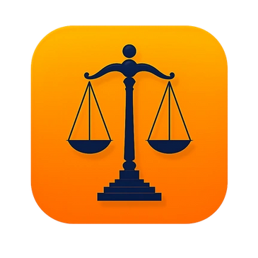 Black balance scale icon on an orange square background.
