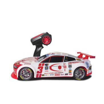 Red and white remote control racing car with a controller.