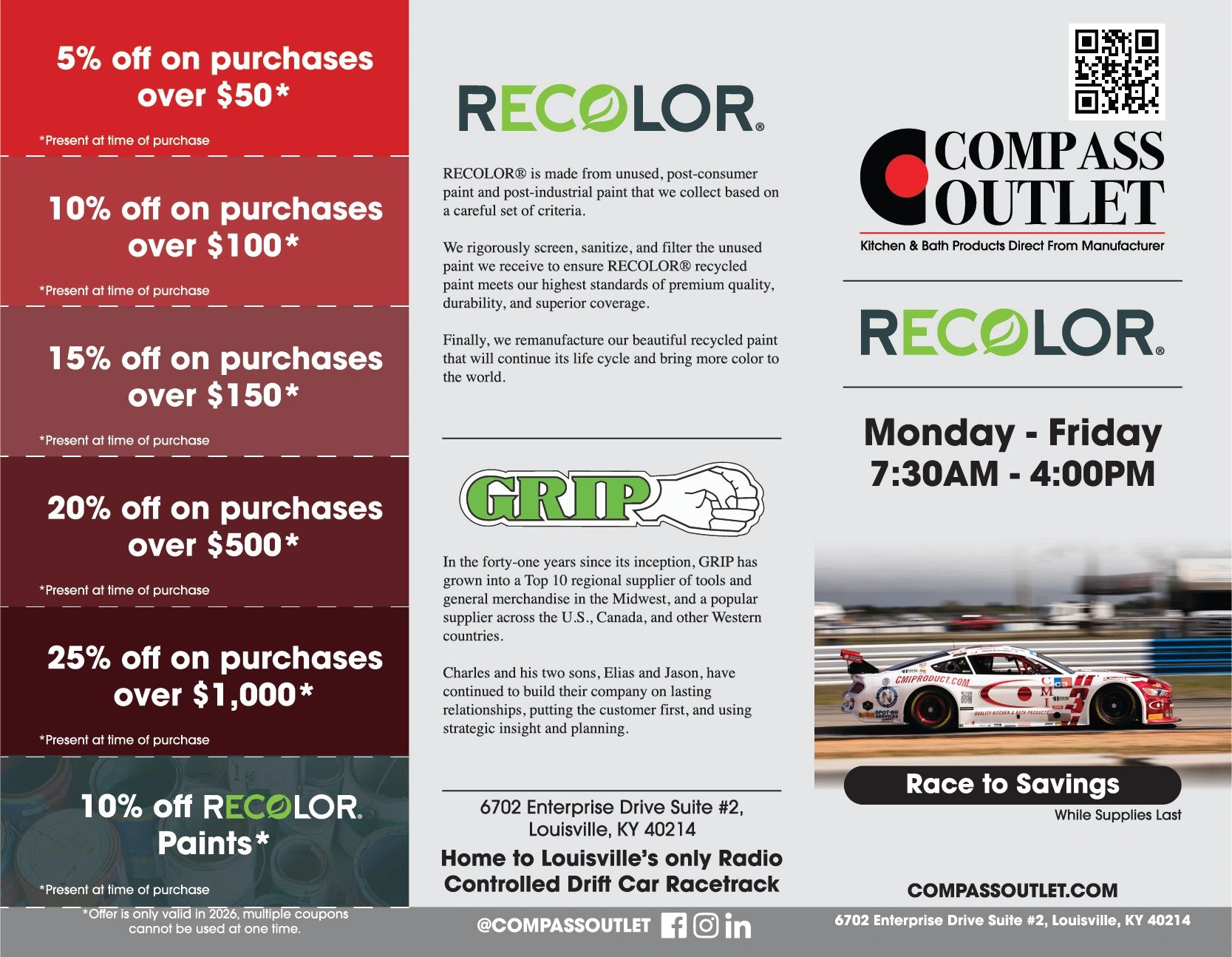 Compass Outlet offers discounts on Recolor paints with a radio-controlled drift car racetrack in Louisville, KY.