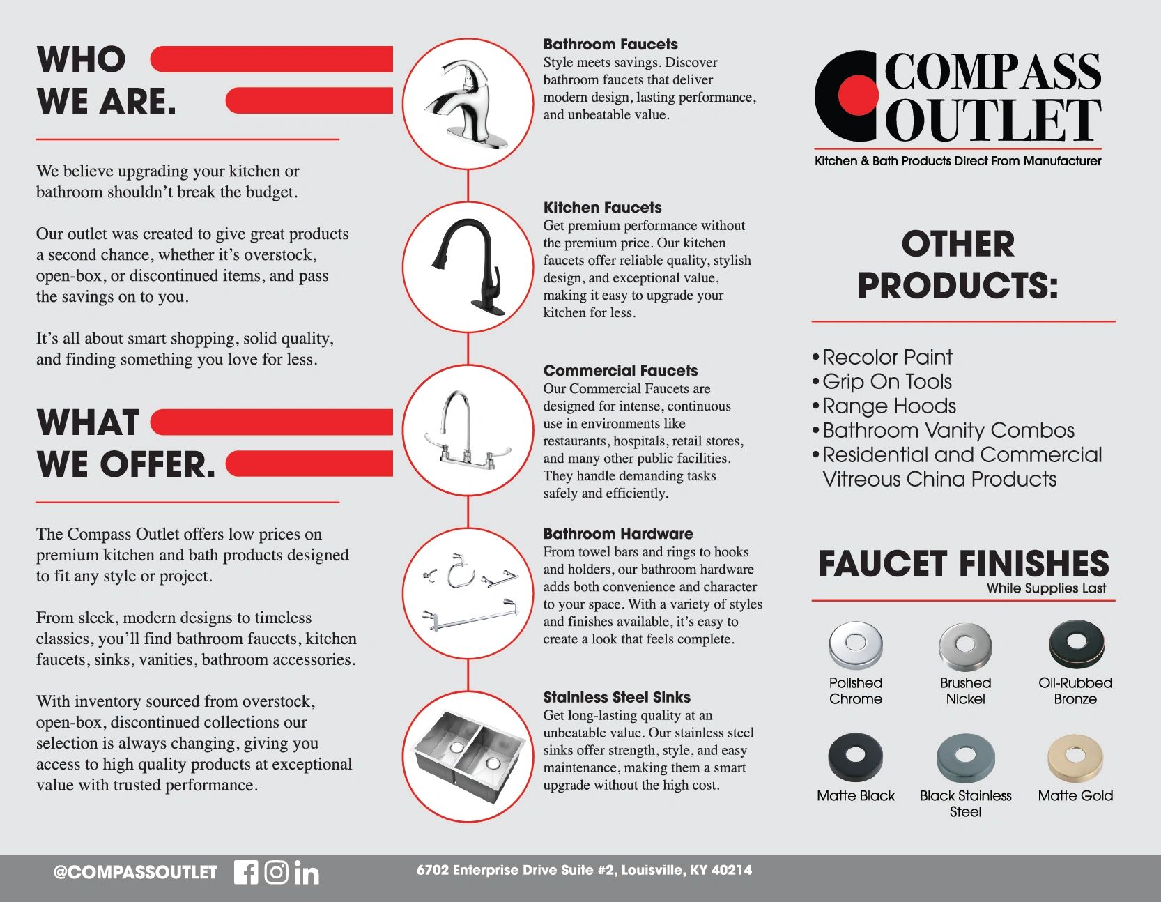 Compass Outlet offers affordable kitchen and bath products, including faucets, sinks, and hardware, with various finishes and additional tools.