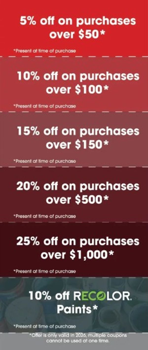 Discount tiers on purchases over specific amounts.