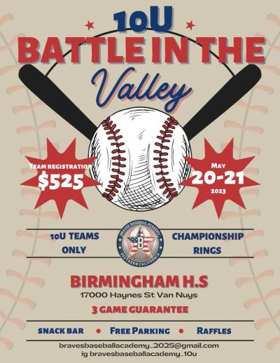Poster for 10U Battle in the Valley baseball tournament at Birmingham H.S.