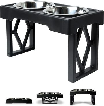 Elevated black pet feeder with two stainless steel bowls.