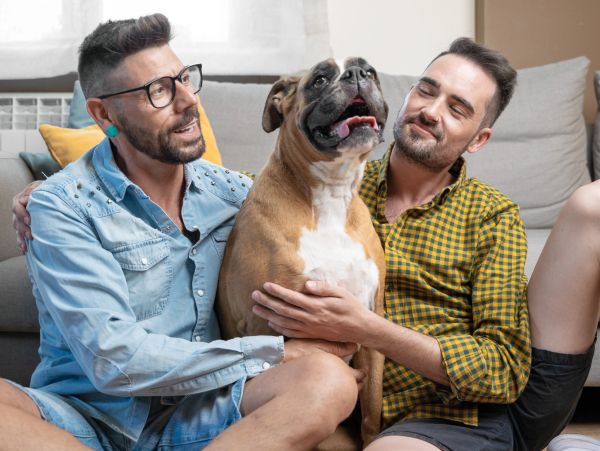 Two men sitting together with a happy dog between them on a couch.