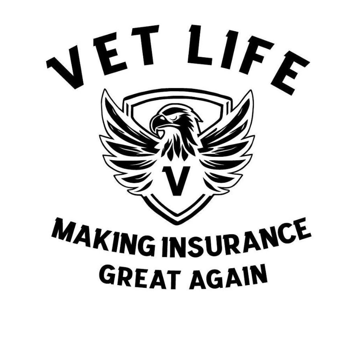 Logo with an eagle and the text 'Vet Life' and 'Making Insurance Great Again'.