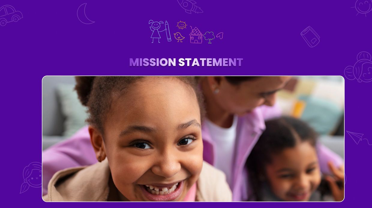 Smiling child with family, purple background, mission statement text.