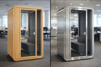 Acoustic office booth transformed with brushed metal architectural film wrap
