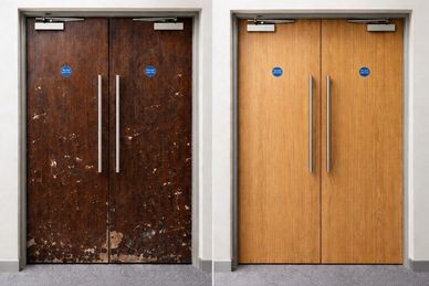 Commercial double doors restored with light oak architectural wrapping film