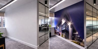 Before and after commercial office wall transformed using self-adhesive wallpaper and privacy window