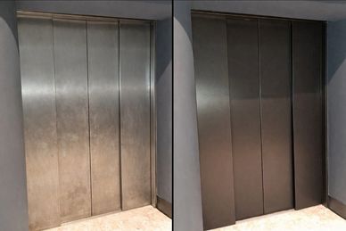 Office lift doors refurbished with dark architectural film wrap – before and after transformation