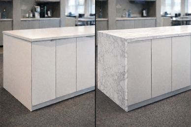 Office kitchen worktop wrapped in marble-effect architectural film