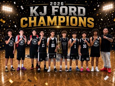 Youth basketball team poses as 2026 KJ Ford Champions with trophy on court.