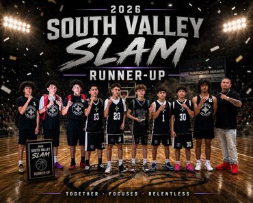 2026 South Valley Slam basketball runner-up team posing with trophy on court.