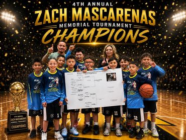 Youth basketball team celebrating 4th Annual Zach Mascarenas Memorial Tournament championship.