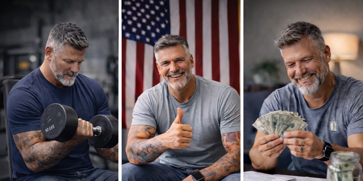 Man lifting weights, smiling with thumbs up by US flag, and counting money.