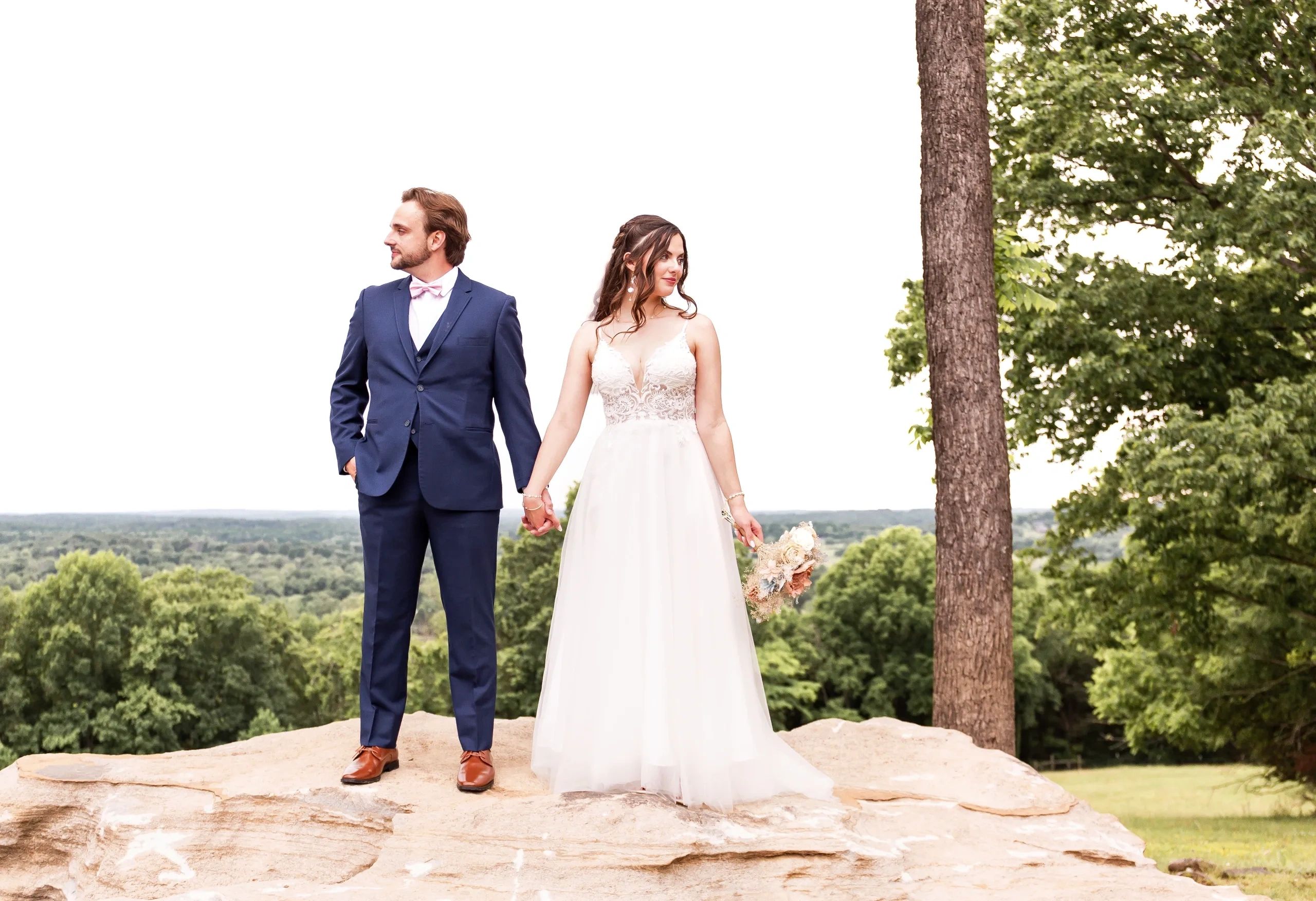 Bride and groom holding hands on a rock with a scenic background.