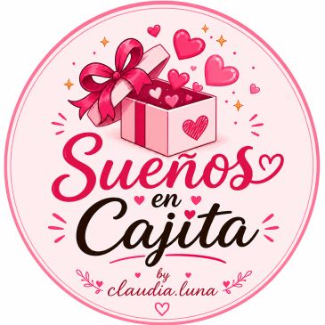Logo of Sueños en Cajita with a pink gift box and hearts.