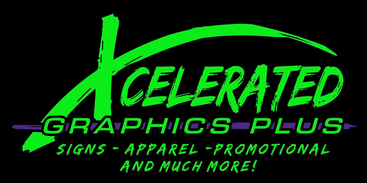 Xcelerated Graphics Plus logo featuring lime green lettering and purple accent graphic