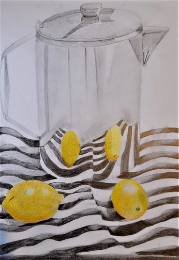 Metallic kettle and lemons still life - Art portfolio preparation