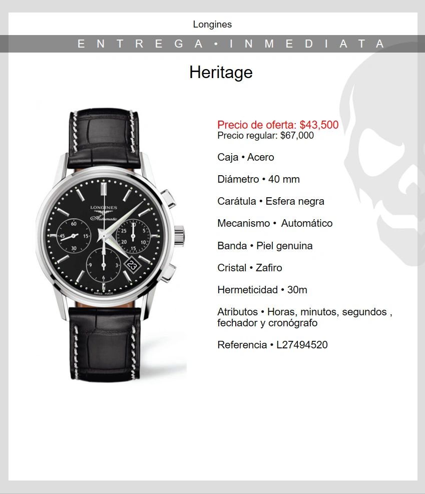 Reloj Longines Heritage negro con correa de piel y cronógrafo.