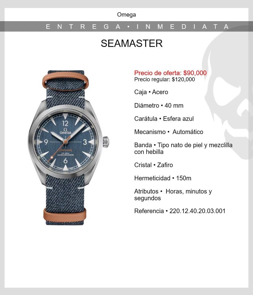 Omega Seamaster watch with blue dial and denim leather strap, automatic mechanism, and sapphire crystal.