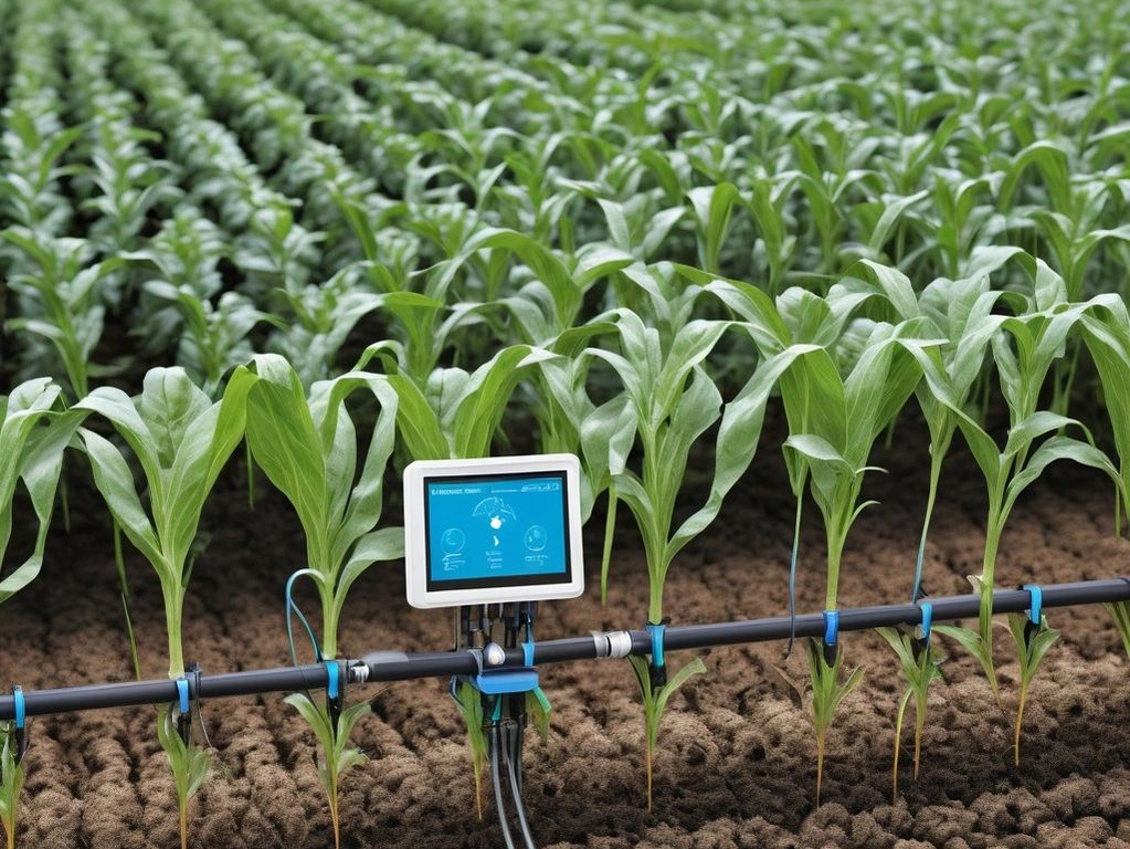 Automated irrigation system watering young corn plants in a large field.