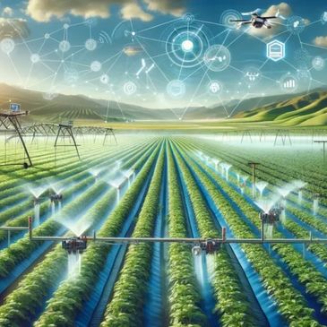 Smart irrigation system with drones and sensors monitoring crops in a green field.